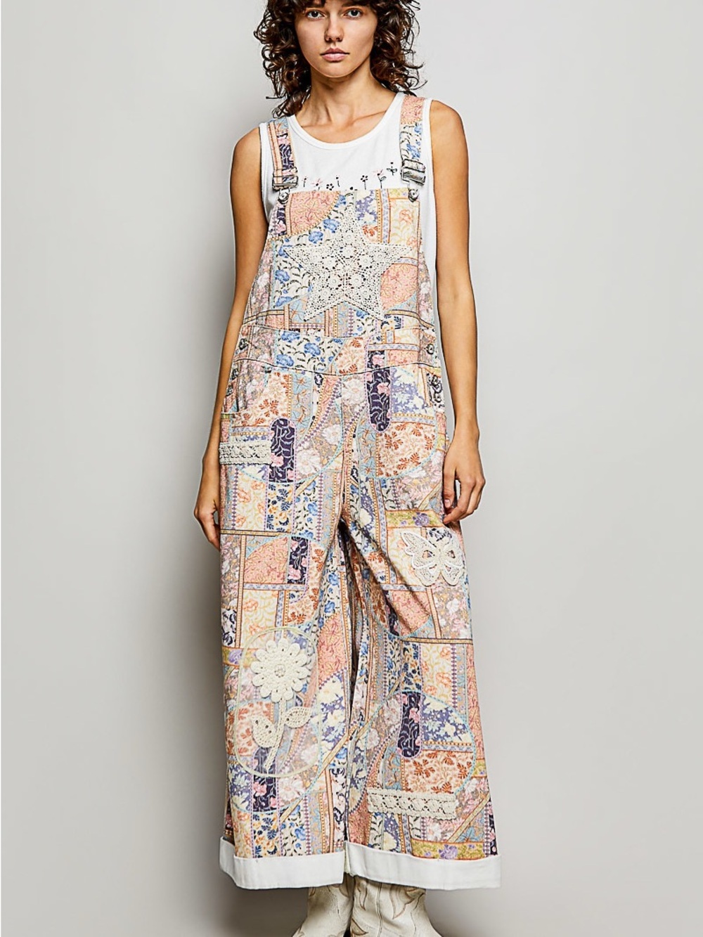 POL Patchwork Floral Wide-Leg Jumpsuit - Multi Pink Blue Cream